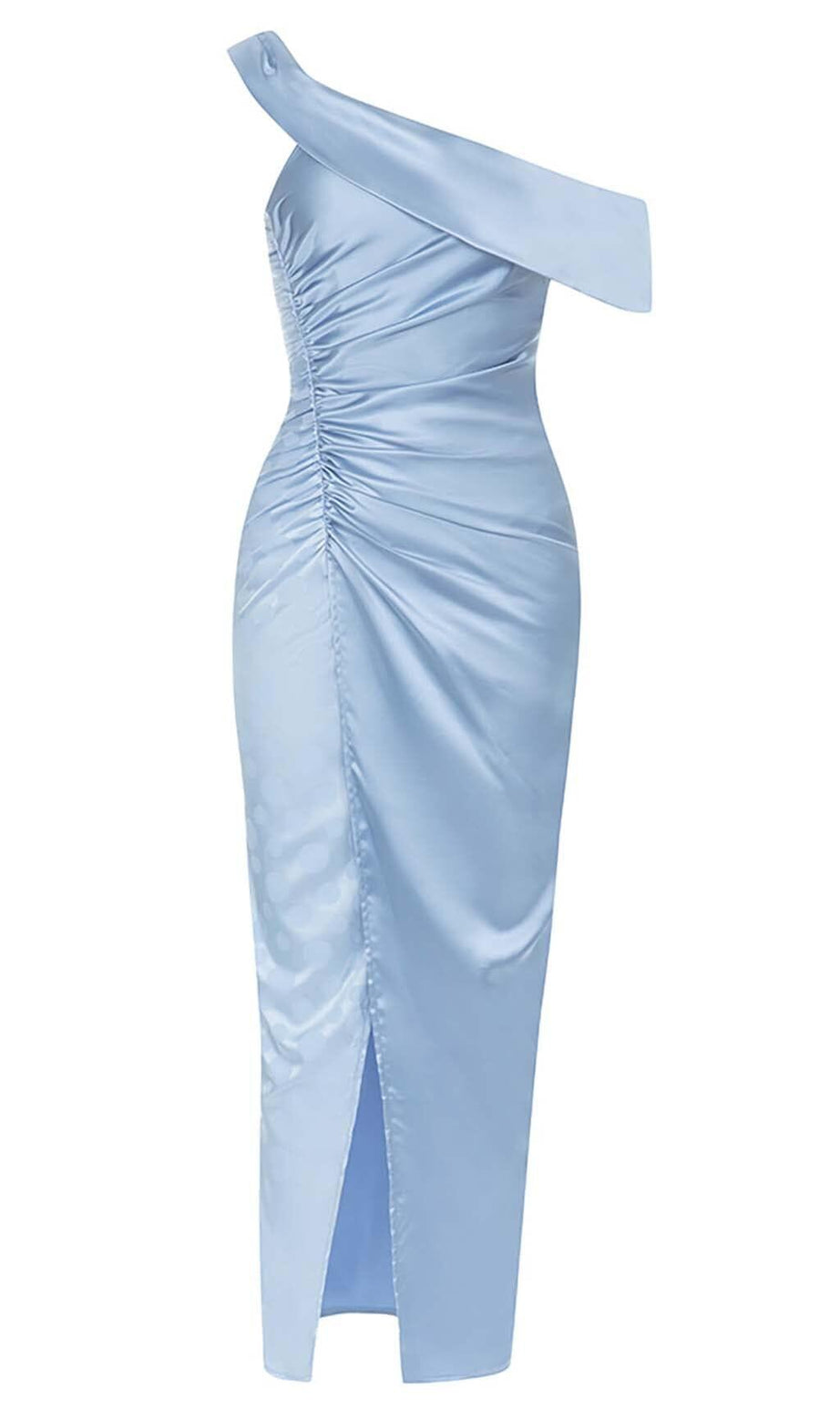 ONE SHOULDER RUCHED SLIT MAXI DRESS IN BLUE