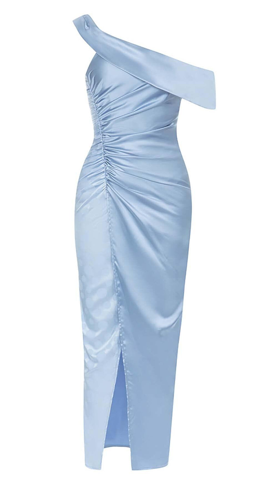 ONE SHOULDER RUCHED SLIT MAXI DRESS IN BLUE