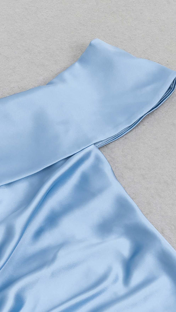 AIIZIE ONE SHOULDER RUCHED SLIT MAXI DRESS IN BLUE - product image