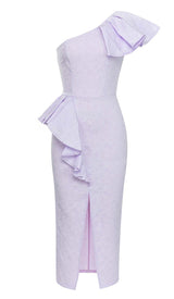 ONE SHOULDER RUFFLE MIDI DRESS IN LILAC