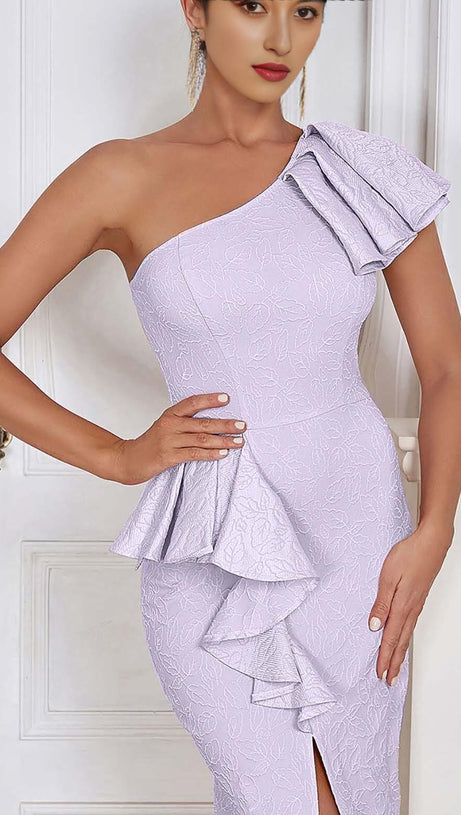 ONE SHOULDER RUFFLE MIDI DRESS IN LILAC