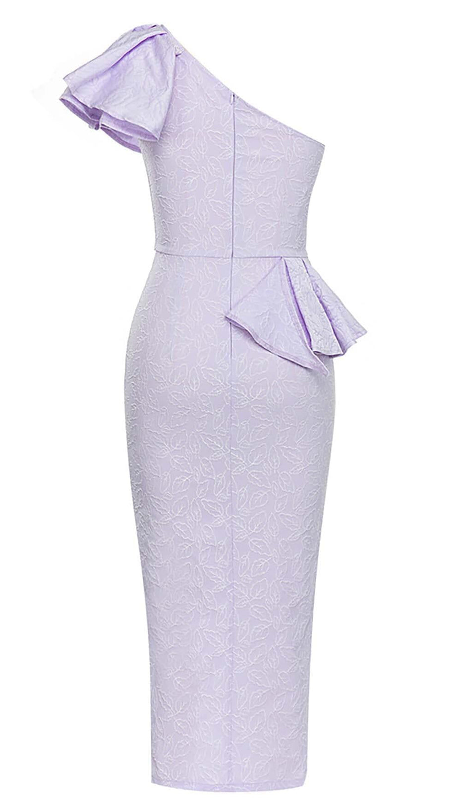 ONE SHOULDER RUFFLE MIDI DRESS IN LILAC