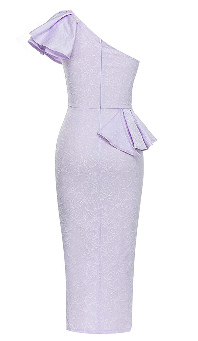 ONE SHOULDER RUFFLE MIDI DRESS IN LILAC