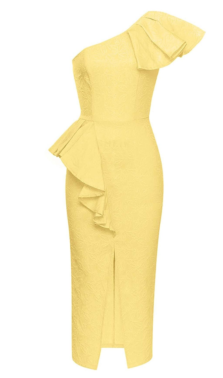 ONE SHOULDER RUFFLE MIDI DRESS IN YELLOW