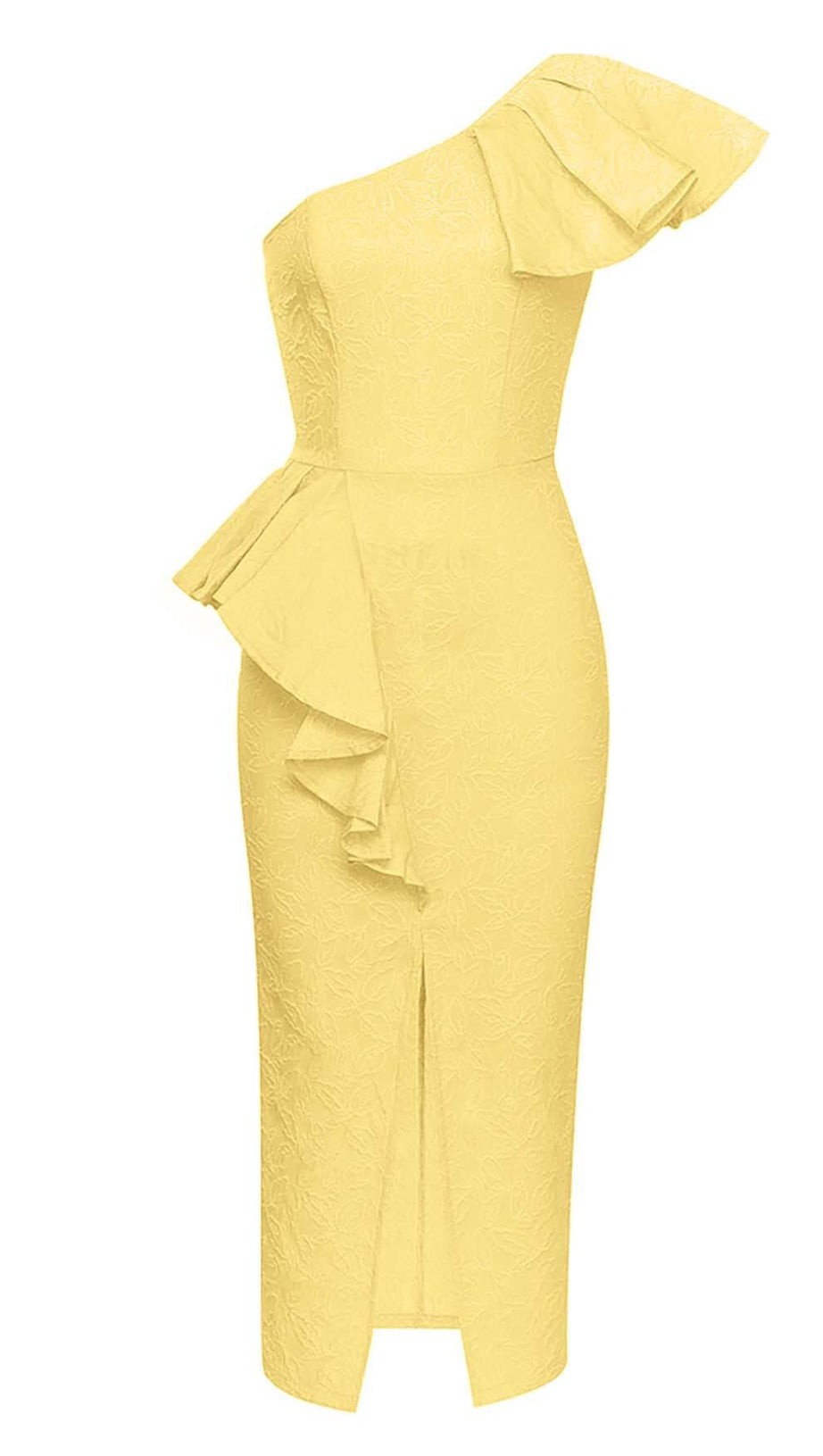 ONE SHOULDER RUFFLE MIDI DRESS IN YELLOW