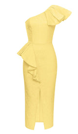 ONE SHOULDER RUFFLE MIDI DRESS IN YELLOW