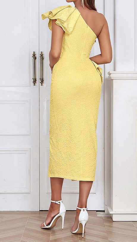 ONE SHOULDER RUFFLE MIDI DRESS IN YELLOW