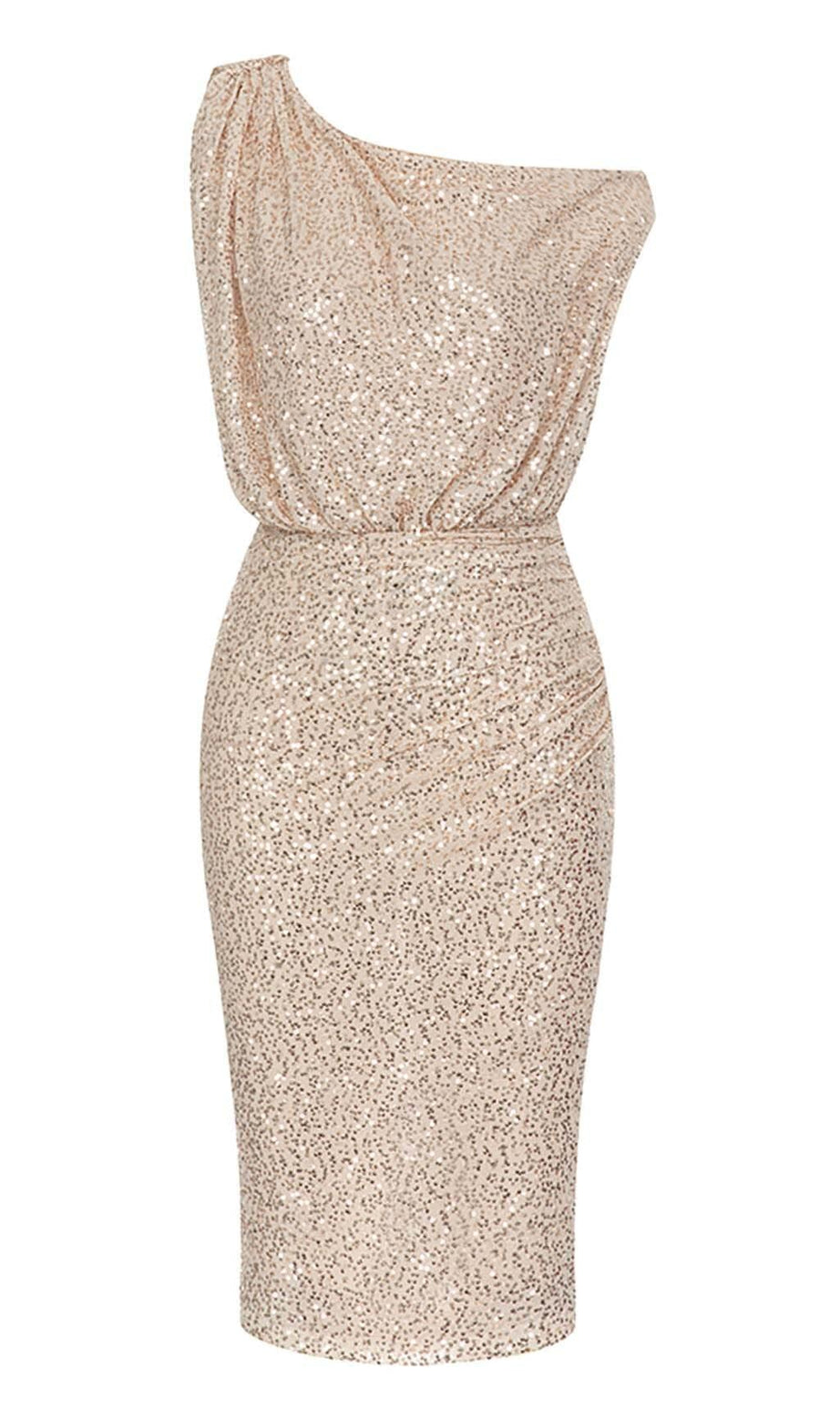 ONE SHOULDER SEQUIN MIDI DRESS IN ROSE GOLD