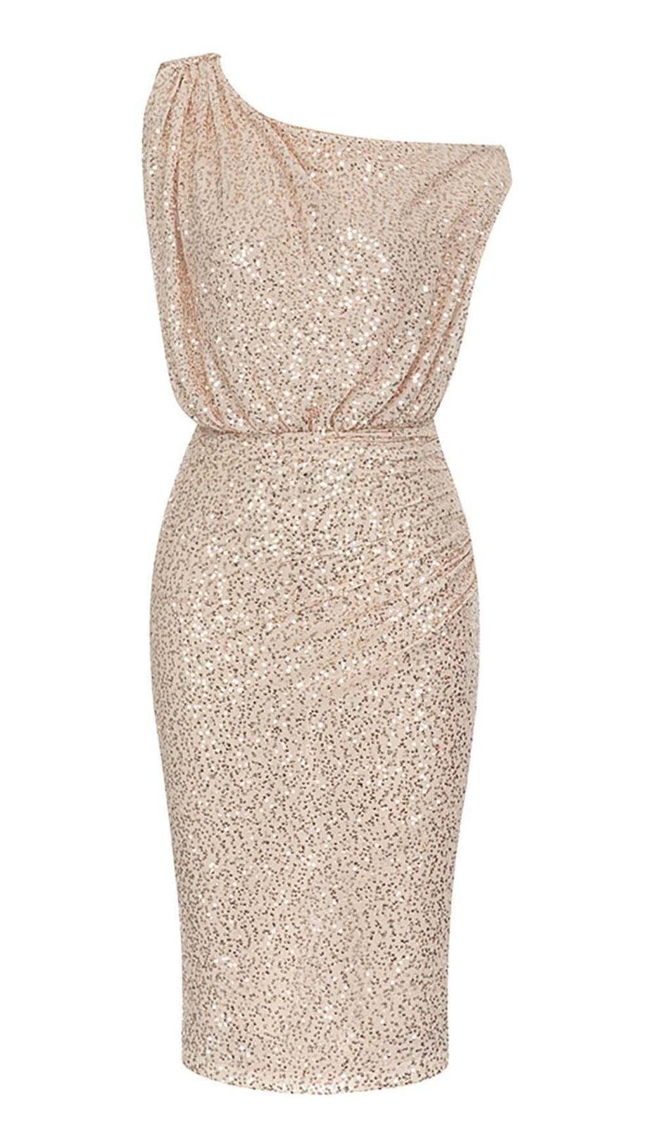ABITO MIDI MONOSPALLA CON PAILLETTES IN ORO ROSA