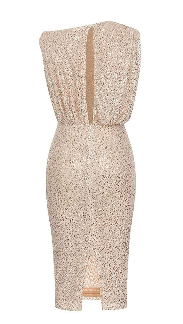 AIIZIE ONE SHOULDER SEQUIN MIDI DRESS IN ROSE GOLD - product image