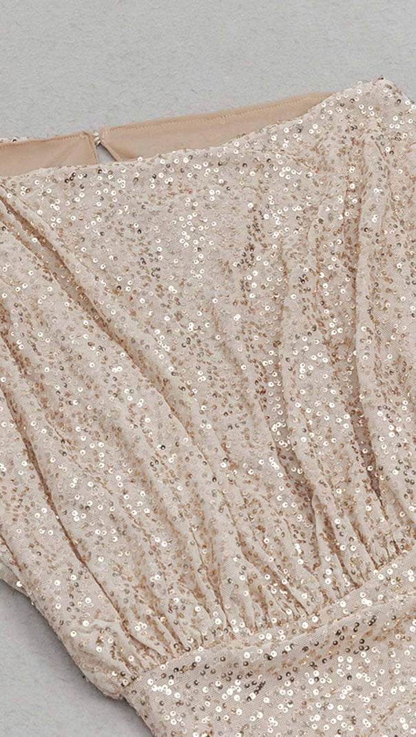 AIIZIE ONE SHOULDER SEQUIN MIDI DRESS IN ROSE GOLD - product image