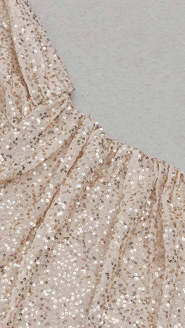 AIIZIE ONE SHOULDER SEQUIN MIDI DRESS IN ROSE GOLD - product image