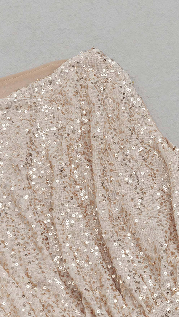 AIIZIE ONE SHOULDER SEQUIN MIDI DRESS IN ROSE GOLD - product image