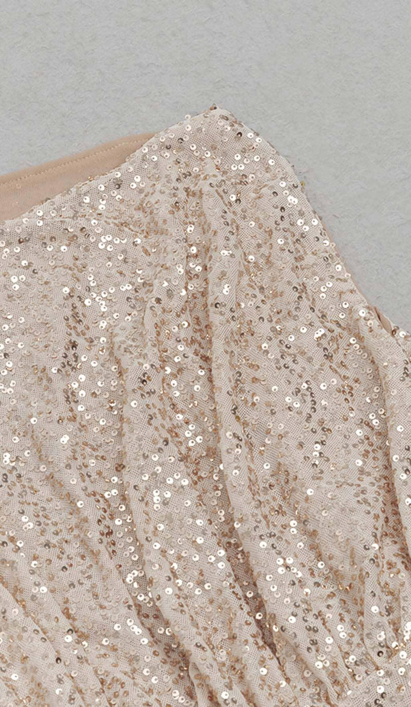 ONE SHOULDER SEQUIN MIDI DRESS IN ROSE GOLD