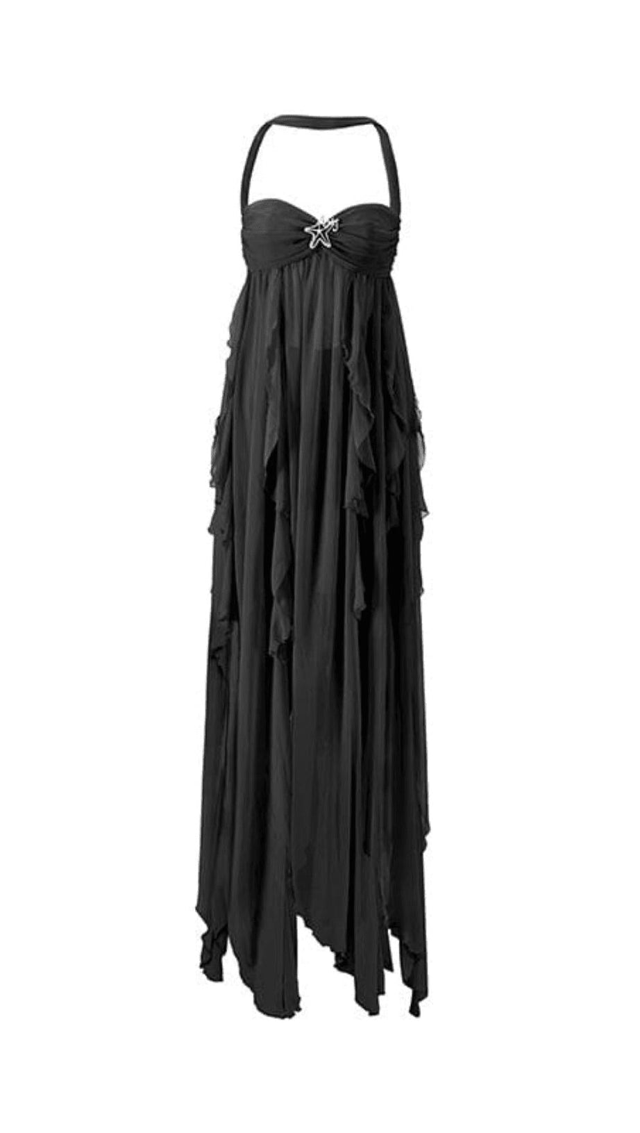 LACE IRREGULAR MAXI DRESS IN BLACK