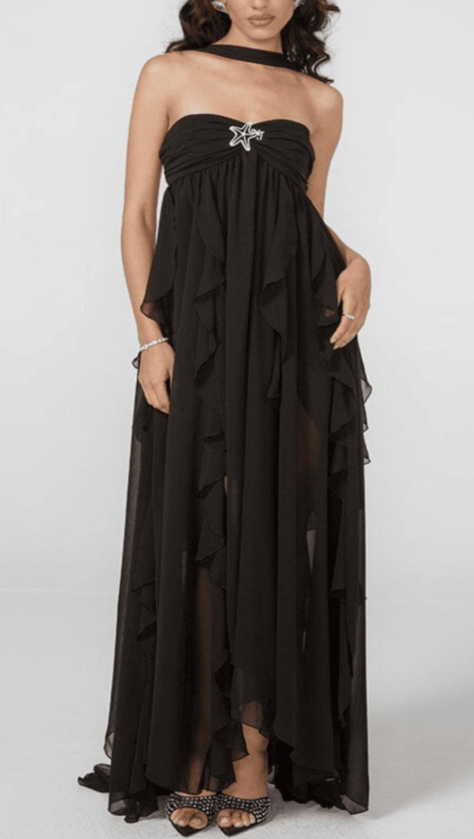 LACE IRREGULAR MAXI DRESS IN BLACK