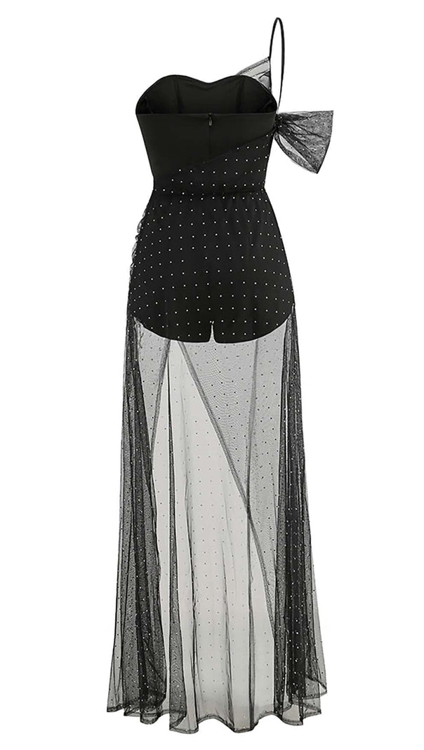 AIIZIE ONE-SHOULDER RHINESTONE MESH MAXI DRESS IN BLACK - product image