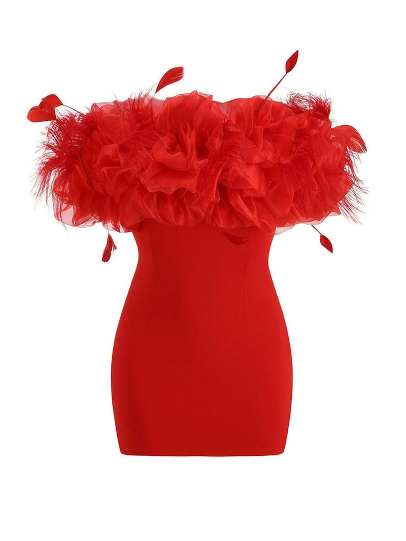 Callie Off Shoulder Feather Mini Dress In Red