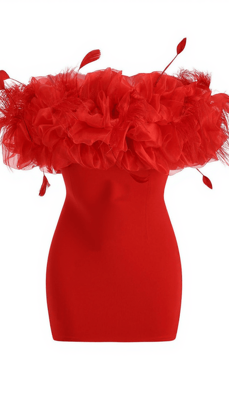 Callie – Schulterfreies Minikleid mit Federn in Rot