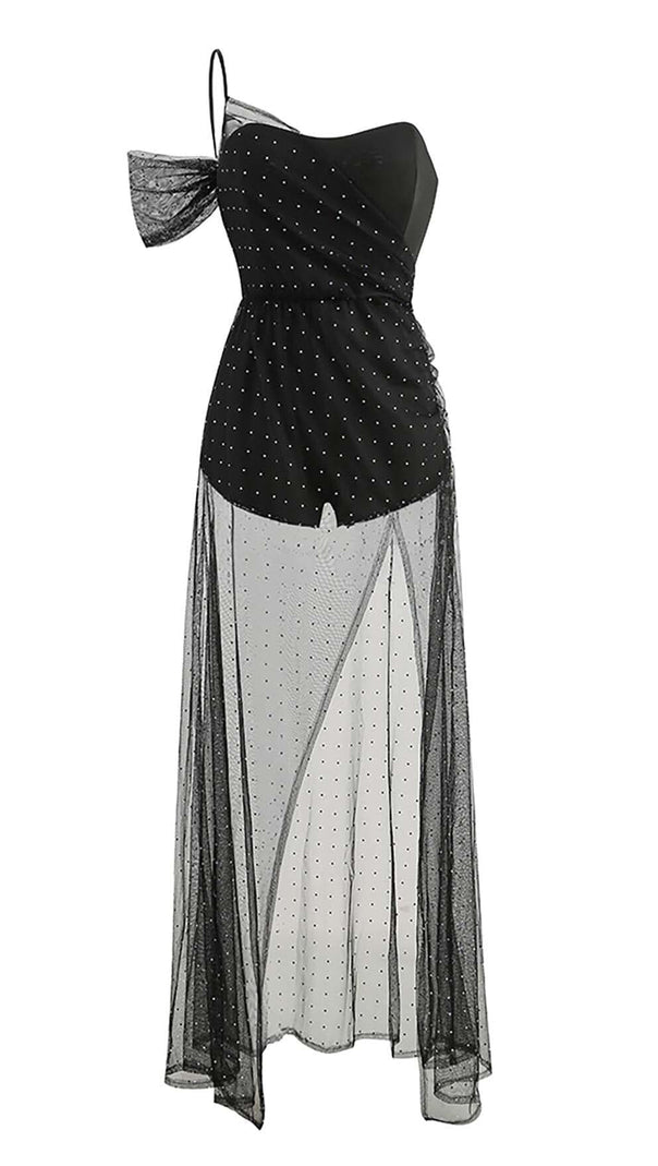 AIIZIE ONE-SHOULDER RHINESTONE MESH MAXI DRESS IN BLACK - product image