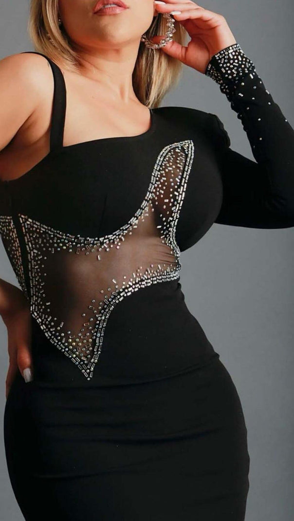AIIZIE ONE-SLEEVE BEADED MINI DRESS IN BLACK - product image