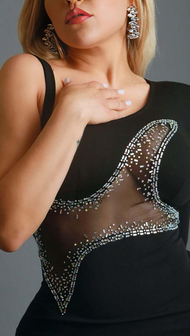 AIIZIE ONE-SLEEVE BEADED MINI DRESS IN BLACK - product image