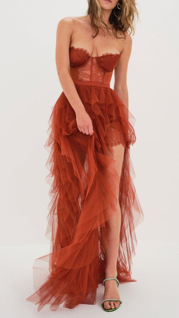 AIIZIE LACE CORSET SLIM MIDI DRESS IN RED - product image