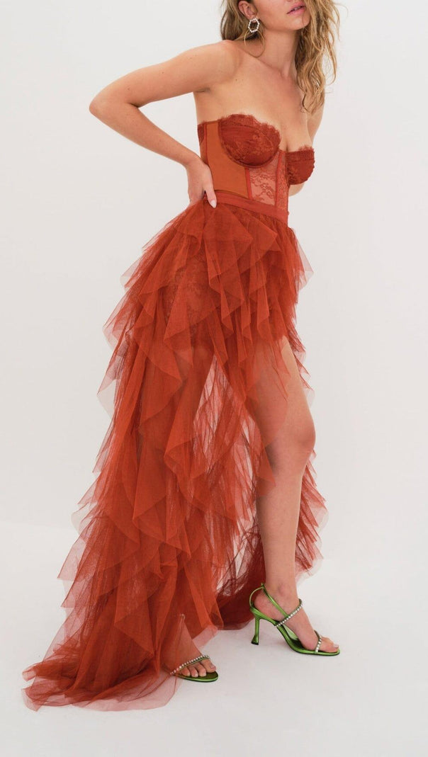 AIIZIE LACE CORSET SLIM MIDI DRESS IN RED - product image