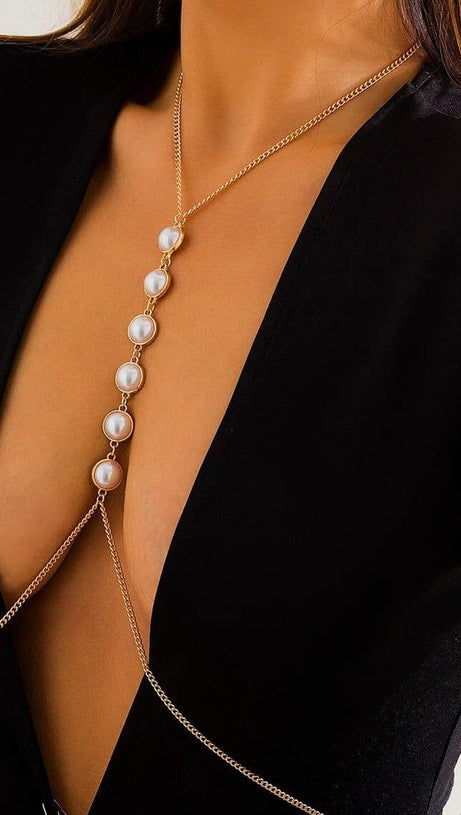 PEARL CROSSOVER CHEST BODY CHAIN IN GOLD