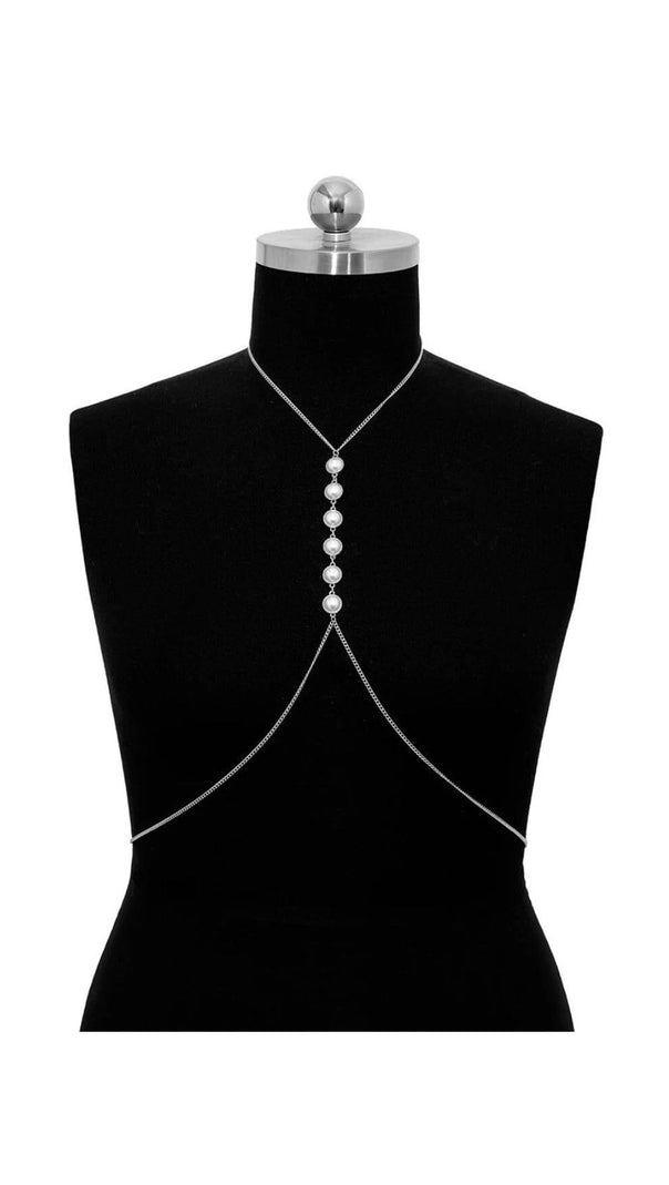 AIIZIE PEARL CROSSOVER CHEST BODY CHAIN IN SILVER - product image