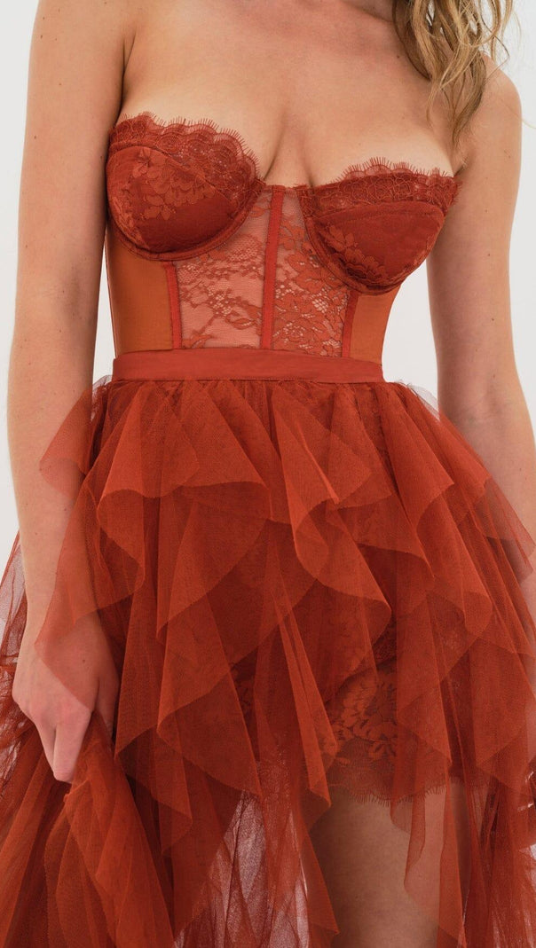 AIIZIE LACE CORSET SLIM MIDI DRESS IN RED - product image