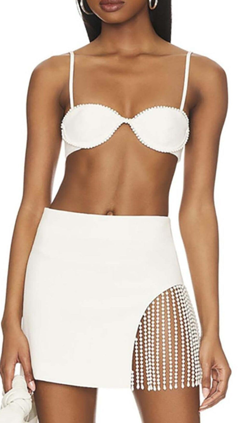 PEARL TRIM TOP WITH TASSEL MINI SKIRT IN WHITE