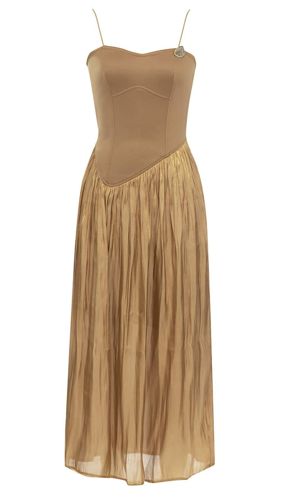PLEATED STRAP MIDI DRESS IN TOBACCO