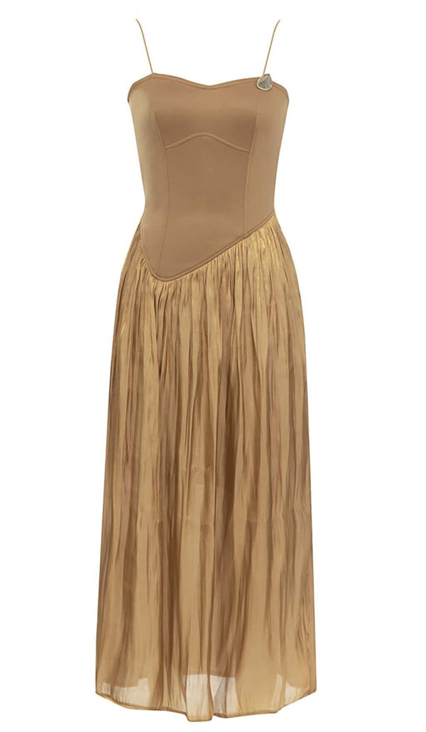 PLEATED STRAP MIDI DRESS IN TOBACCO