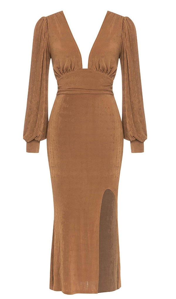 PLUNGE LONG SLEEVE MIDI DRESS IN BROWN