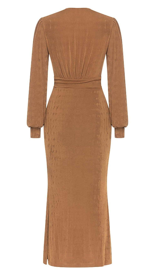 AIIZIE PLUNGE LONG SLEEVE MIDI DRESS IN BROWN - product image