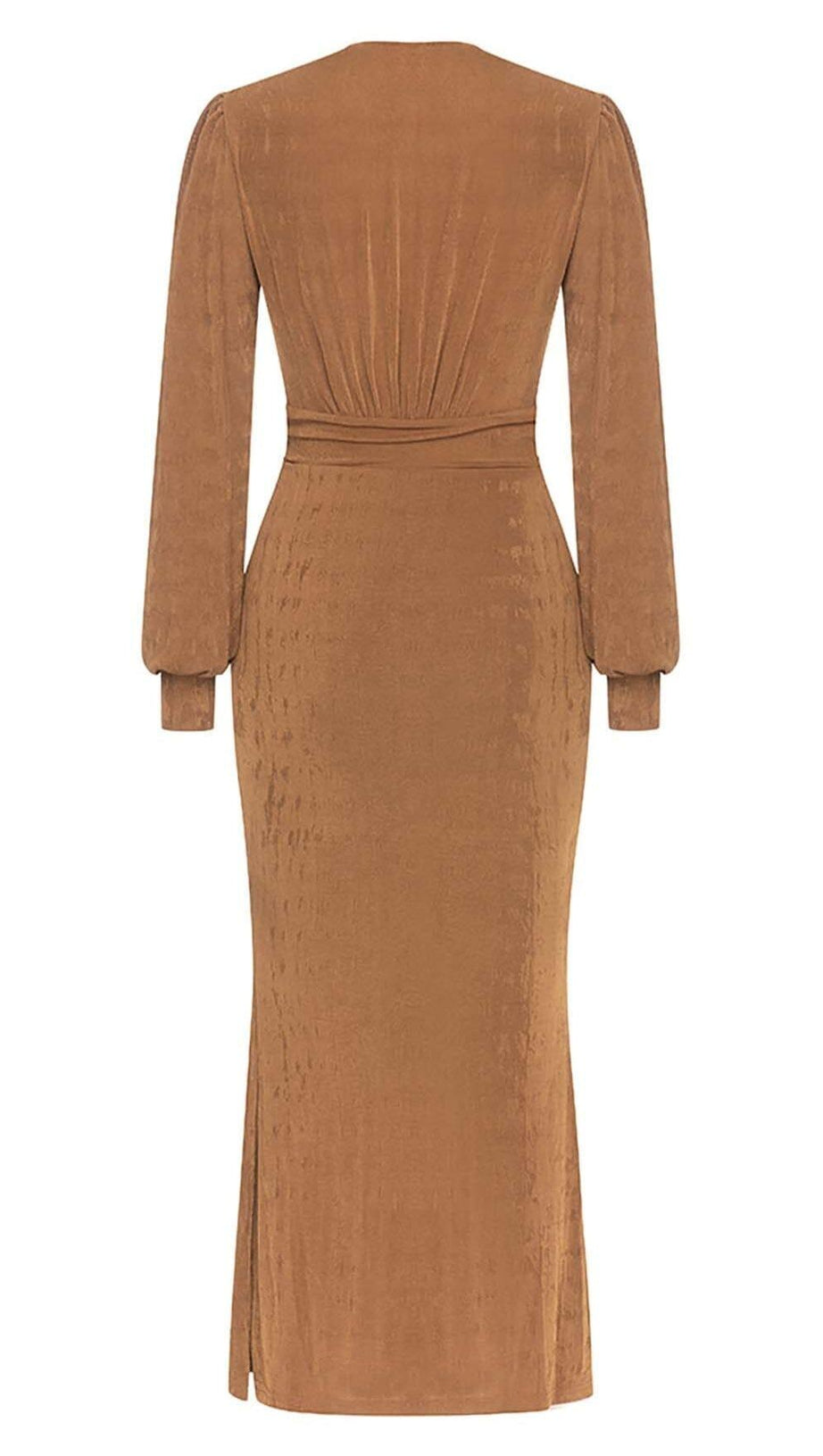 PLUNGE LONG SLEEVE MIDI DRESS IN BROWN