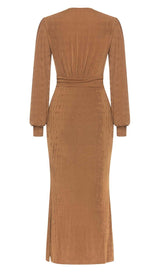 PLUNGE LONG SLEEVE MIDI DRESS IN BROWN