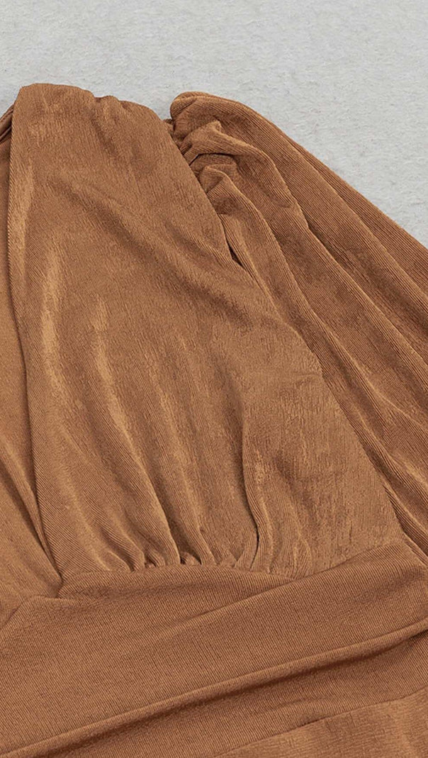 AIIZIE PLUNGE LONG SLEEVE MIDI DRESS IN BROWN - product image