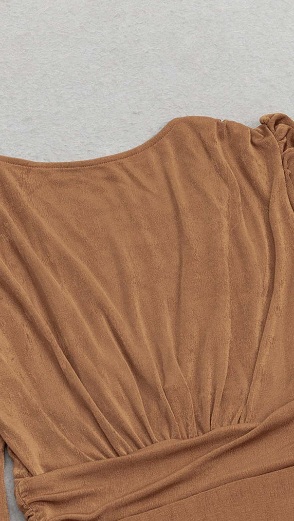 AIIZIE PLUNGE LONG SLEEVE MIDI DRESS IN BROWN - product image