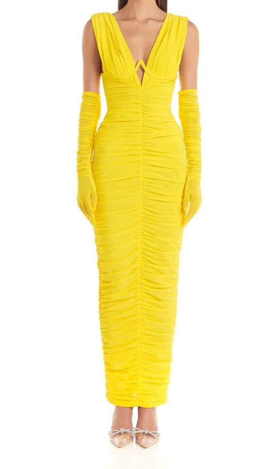 PLUNGE V NECKLINE WITH GLOVE MAXI DRESS IN YELLOW