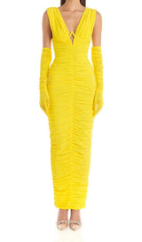 PLUNGE V NECKLINE WITH GLOVE MAXI DRESS IN YELLOW