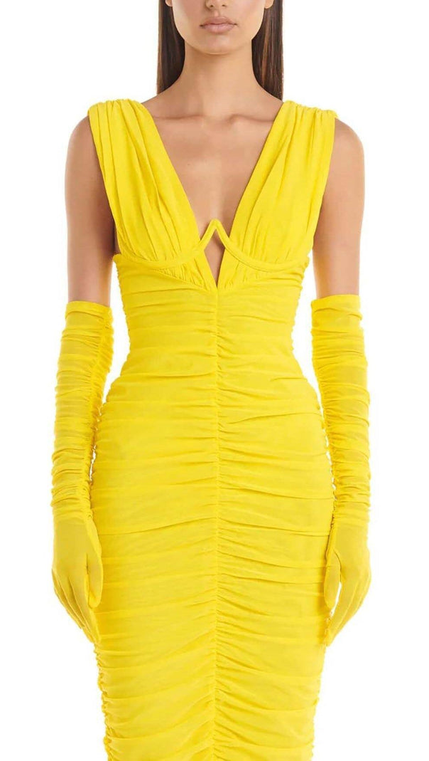 AIIZIE PLUNGE V NECKLINE WITH GLOVE MAXI DRESS IN YELLOW - product image