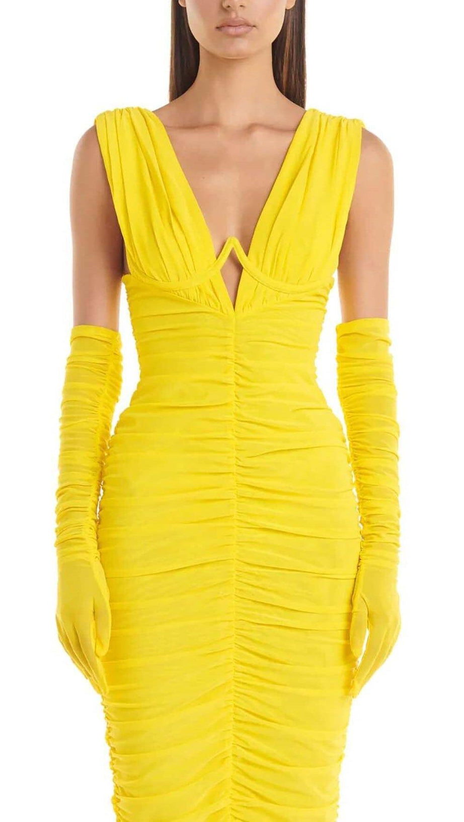 PLUNGE V NECKLINE WITH GLOVE MAXI DRESS IN YELLOW