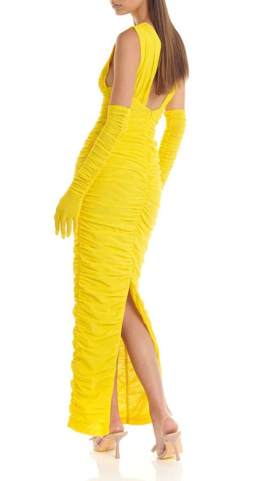 PLUNGE V NECKLINE WITH GLOVE MAXI DRESS IN YELLOW