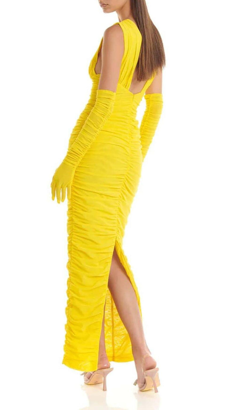 PLUNGE V NECKLINE WITH GLOVE MAXI DRESS IN YELLOW