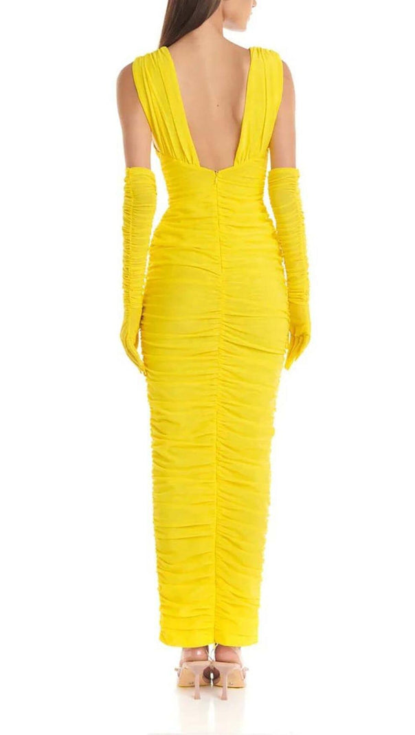 AIIZIE PLUNGE V NECKLINE WITH GLOVE MAXI DRESS IN YELLOW - product image