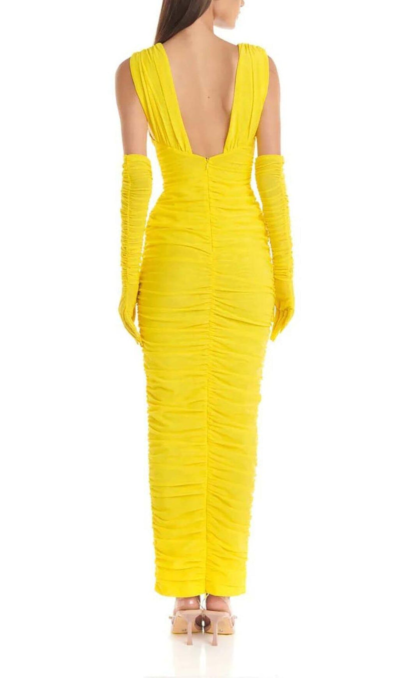 PLUNGE V NECKLINE WITH GLOVE MAXI DRESS IN YELLOW