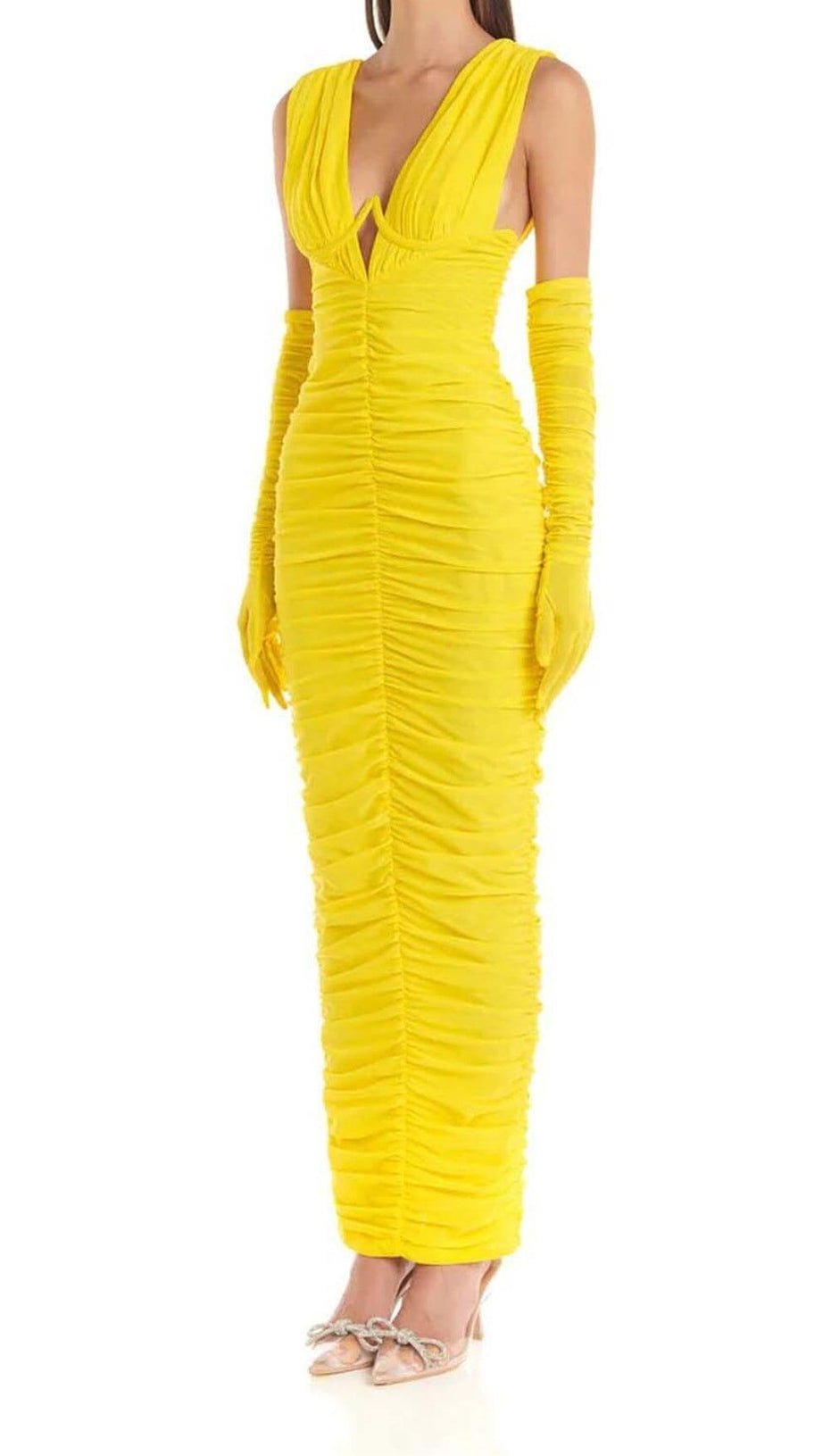 PLUNGE V NECKLINE WITH GLOVE MAXI DRESS IN YELLOW