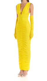 PLUNGE V NECKLINE WITH GLOVE MAXI DRESS IN YELLOW